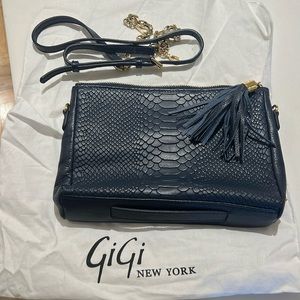 GiGi NY navy crocodile handcrafted leather clutch with detachable strap